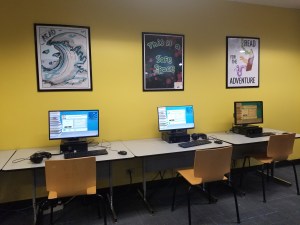 Computers for teens are shown at a desk station in the Longmont Library