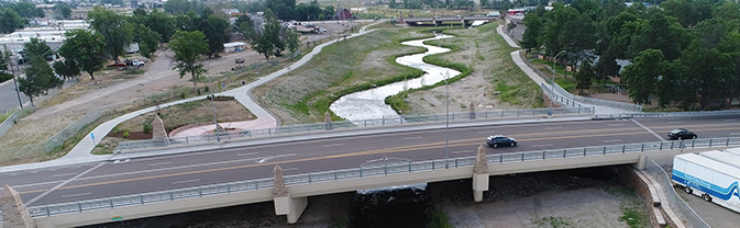 Aerial view of South Pratt Parkway Bridge and St. Vrain Creek