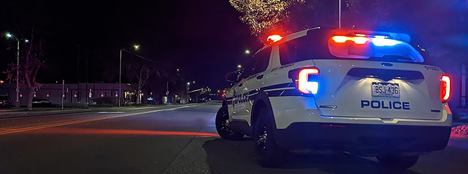 Police car lights up at night on a road