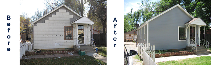 A house's siding is shown before and after renovation