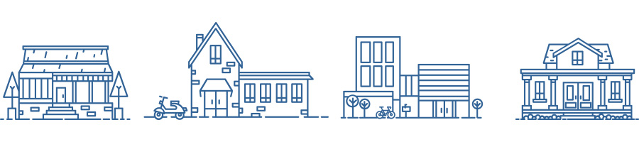 illustration of four homes of various sizes in blue