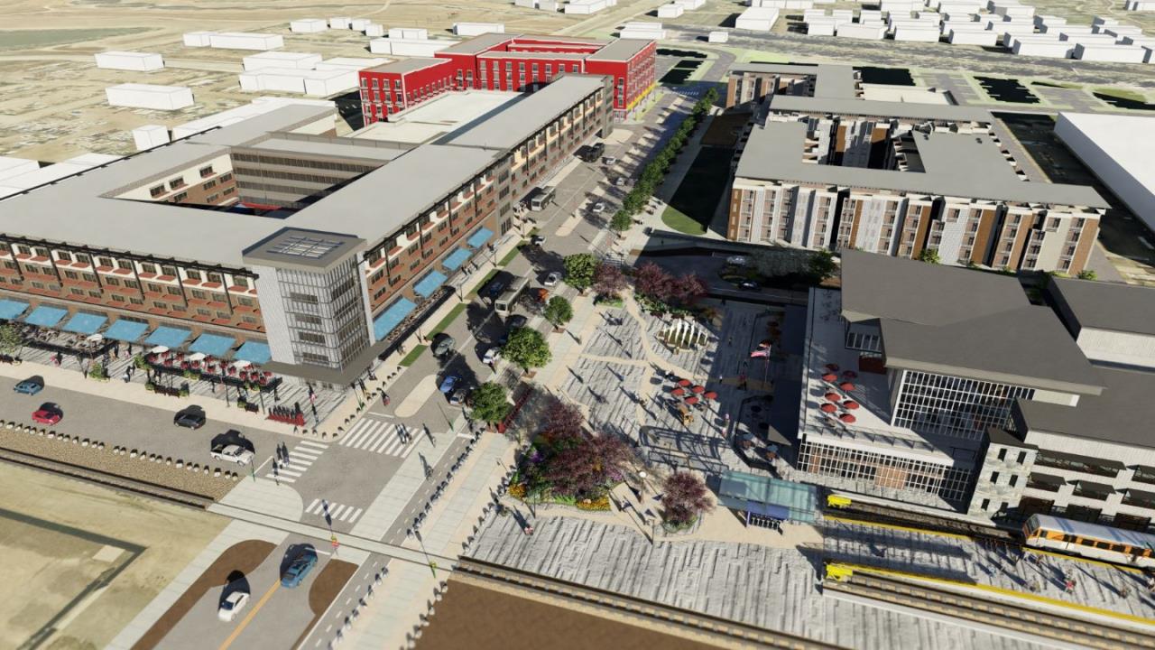 A rendering shows a birds-eye view on the 1st and Main transit project.