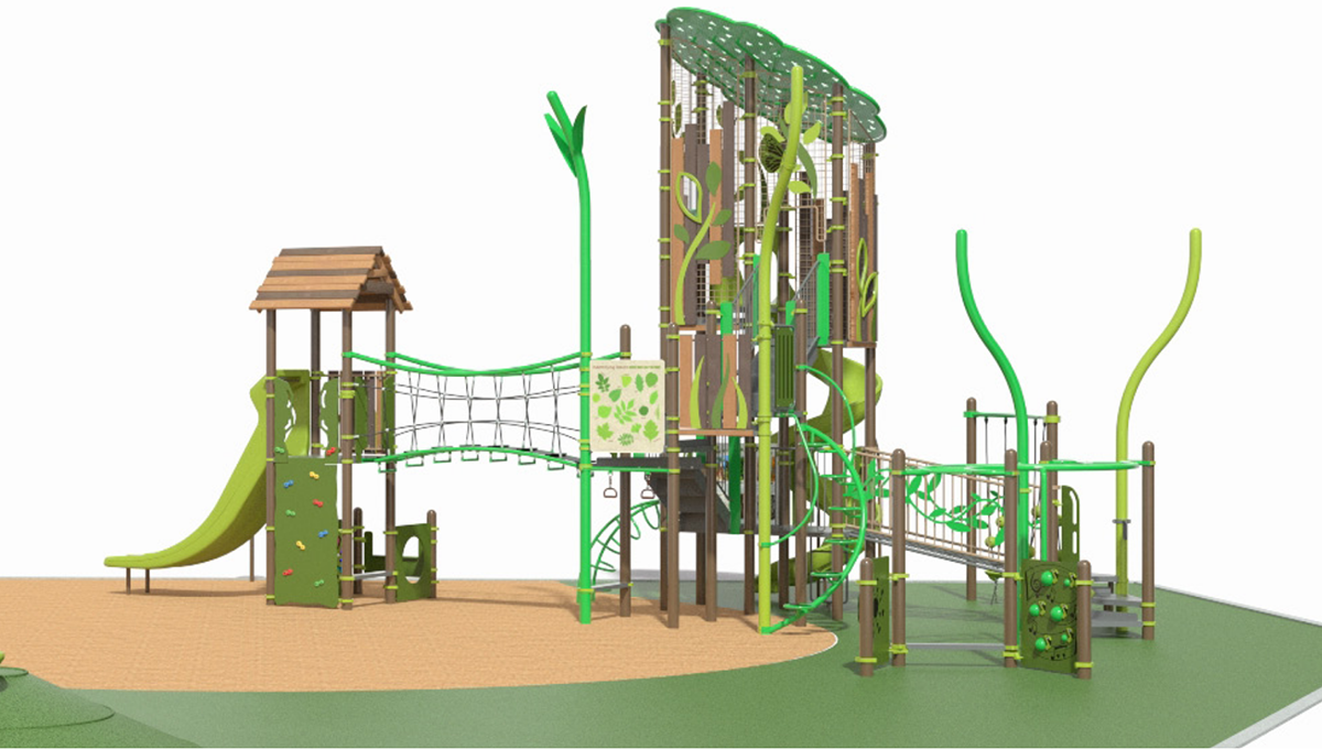 This rendering shows a green and brown play structure proposed for Thompson Park, including two slides, climbing wall, a bridge, and other features.