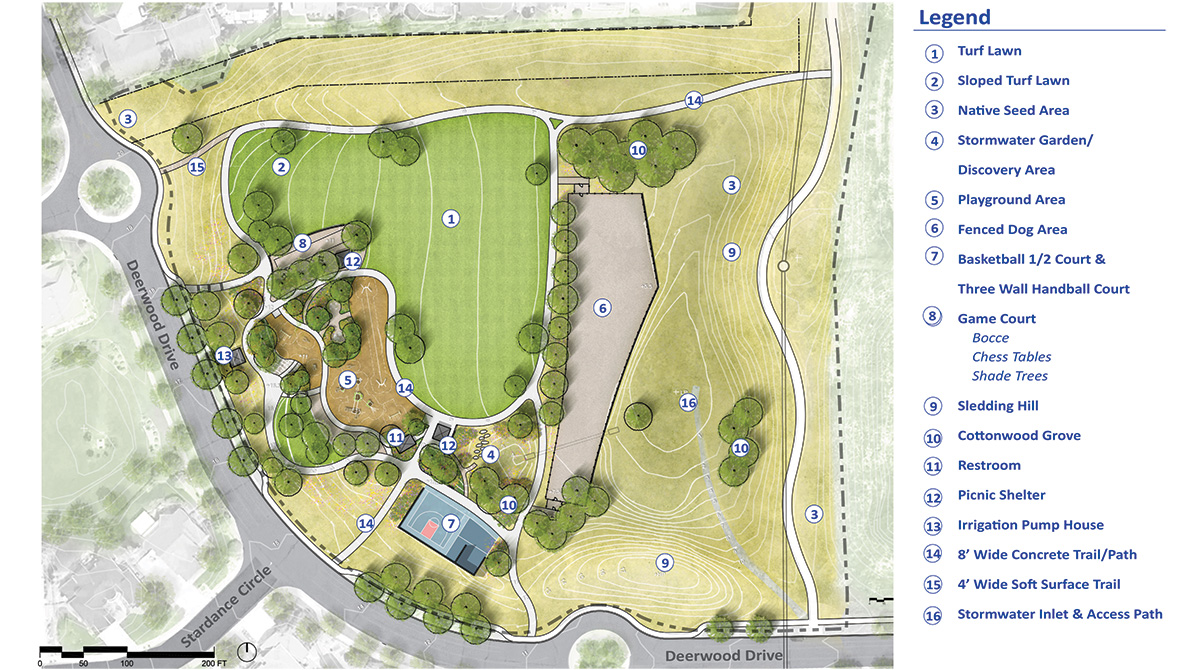 The Fox Meadow Park is bordered by Deerwood Drive to the west and south. Features include turf and native seed areas, paved and unpaved trails, cottonwood grove, sledding hill, picnic shelter, restroom, playground, fenced dog area, handball and bocce courts, basketball half court, and chess tables.