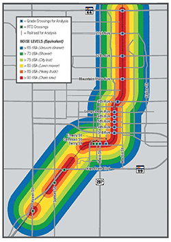 Map illustrating the areas and levels of sound disturbance along the 17 Longmont's 17 crossings