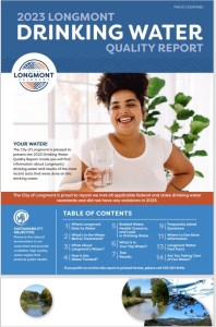 The 2023 Longmont Drinking Water Quality Report cover of a woman holding a glass of water.