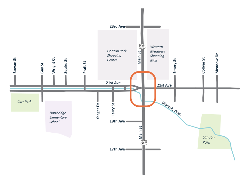 Map of north Longmont with an orange box around the intersection of 21st Ave. and Main St.