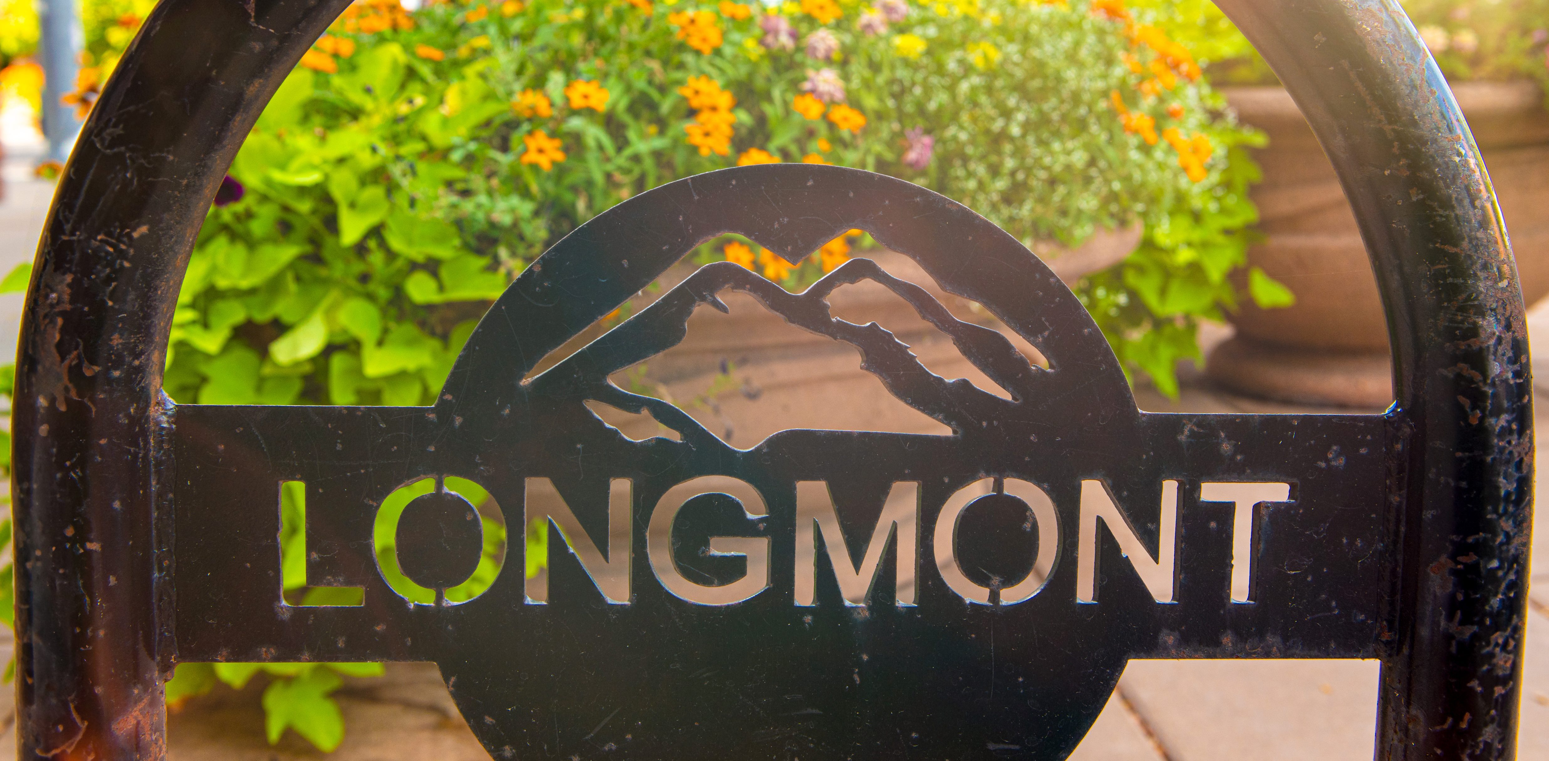 Bike locking station with "Longmont" written on it