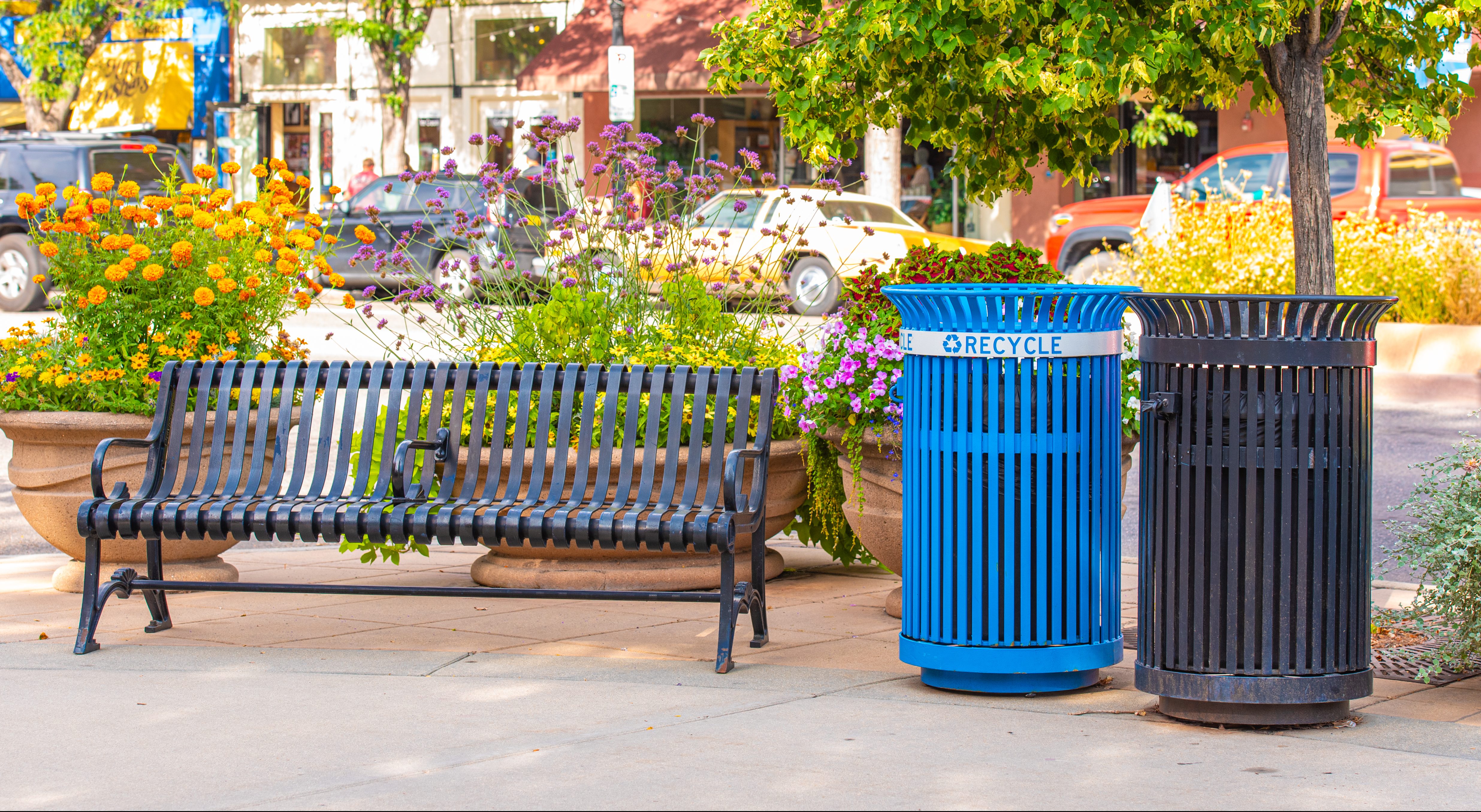 Bench, recycling bin and waste bin on Main St.